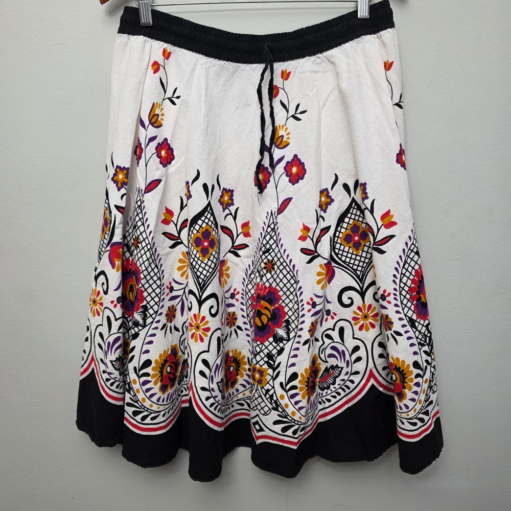 Keren Hart Skirt Women‎ Medium White Floral Paisley Cotton Midi Boho A-Line